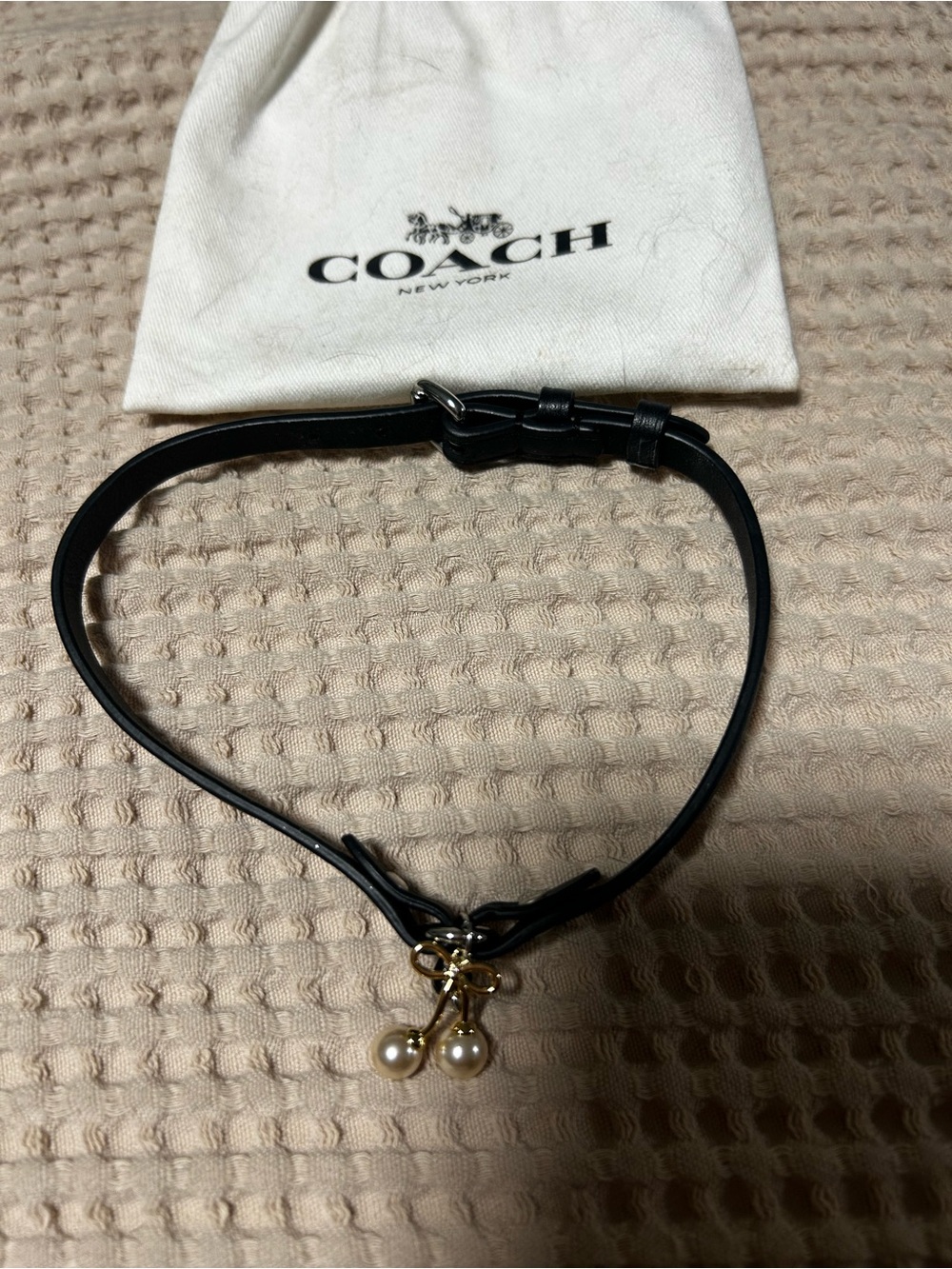 Coach Black Leather Choker with Pearl Drop Charm